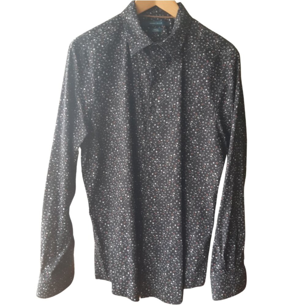 Perry Ellis SZ M Black w/ White & Salmon Print Men's Button Up Cotton Shirt